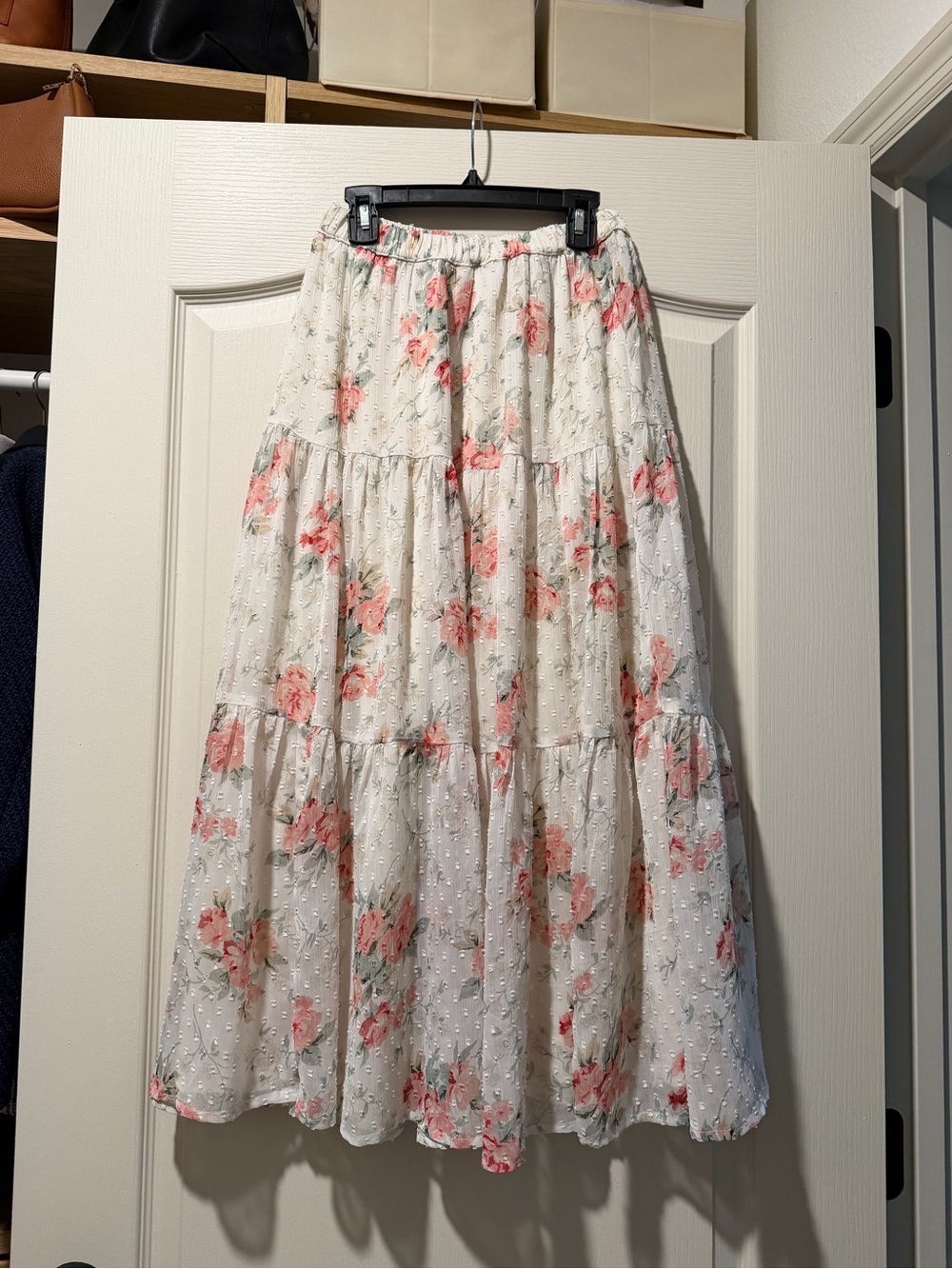 American Eagle Floral Midi Skirt — Cream with Pink Roses